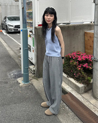 Color striped elastic waist pants
