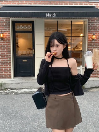 [3-Piece] Tie, Top & V-Neck Cardigan Set