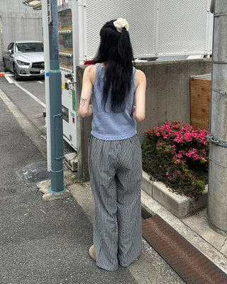 Color striped elastic waist pants
