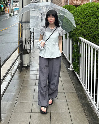 (Unisex) Nylon Wide-Leg Pants with Elastic Waistband
