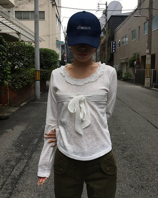 Frill Jewel Neck Ribbon Bust Long T-Shirt