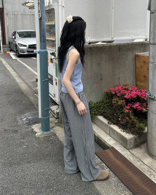 Color striped elastic waist pants