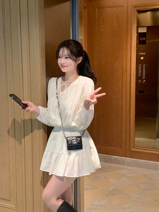 [2pcs] Shirred Blouse and Skirt Set