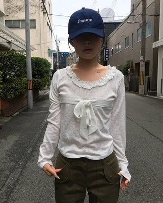 Frill Jewel Neck Ribbon Bust Long T-Shirt
