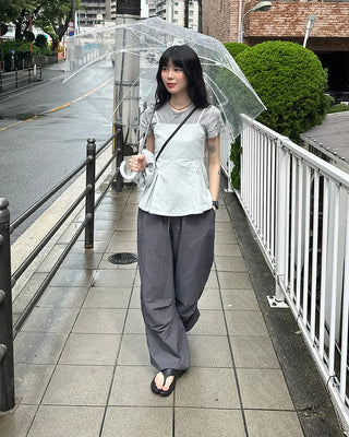 (Unisex) Nylon Wide-Leg Pants with Elastic Waistband