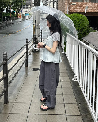 (Unisex) Nylon Wide-Leg Pants with Elastic Waistband