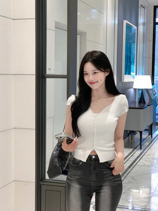 [7 colors] Rib-knit short-sleeved cardigan