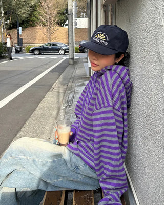(Unisex) Striped Double Zip Waffle Knit Kangaroo Hoodie
