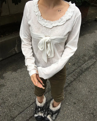 Frill Jewel Neck Ribbon Bust Long T-Shirt