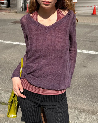 V-neck sheer ribbed knit