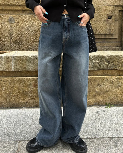 Washed straight black denim pants