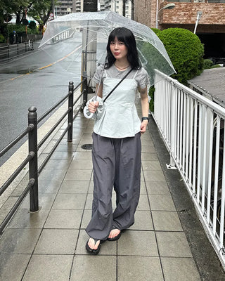 (Unisex) Nylon Wide-Leg Pants with Elastic Waistband