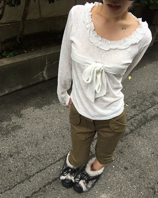 Frill Jewel Neck Ribbon Bust Long T-Shirt