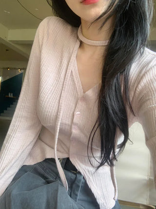 [2-Piece] Slim Tie Cardigan Set