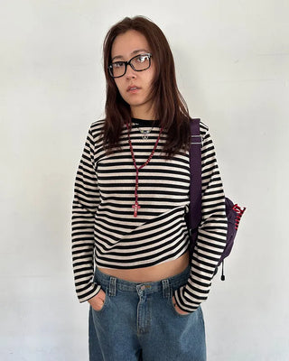 Striped semi-cropped long-sleeve T-shirt