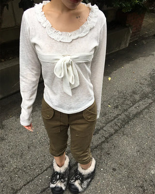 Frill Jewel Neck Ribbon Bust Long T-Shirt