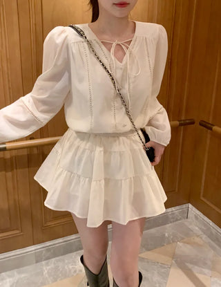 [2pcs] Shirred Blouse and Skirt Set