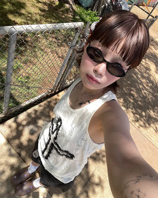 Tulle fabric distressed tank top