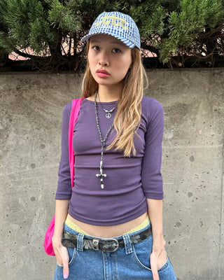 Jewel neck cropped sleeve T-shirt