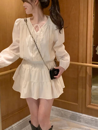 [2pcs] Shirred Blouse and Skirt Set