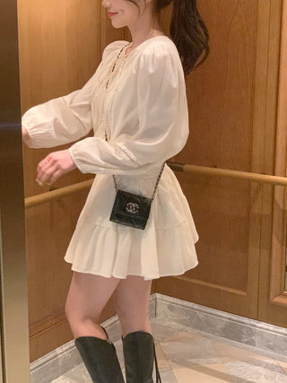 [2pcs] Shirred Blouse and Skirt Set