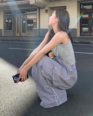 Long drawstring striped cargo pants