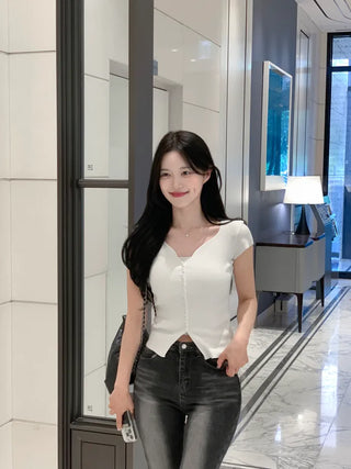 [7 colors] Rib-knit short-sleeved cardigan