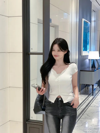[7 colors] Rib-knit short-sleeved cardigan