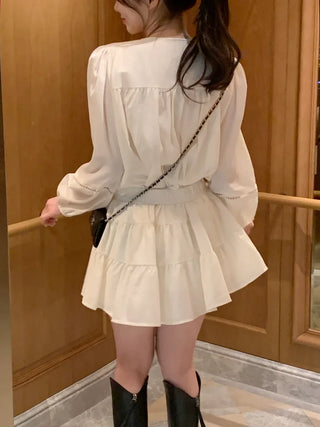 [2pcs] Shirred Blouse and Skirt Set