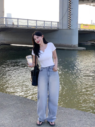 Washed denim wide-leg pants (3 colors)