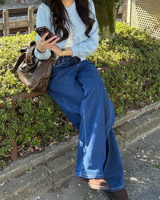 Straight denim pants with drawstring waist