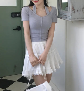 Halter rib short-sleeved T-shirt