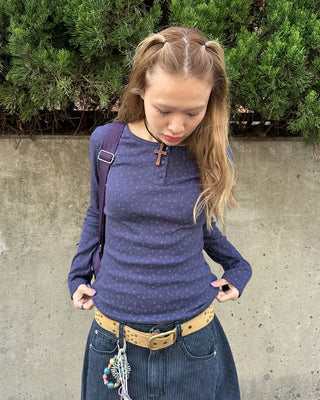 Flower Henley Neck Pointelle Long T-Shirt