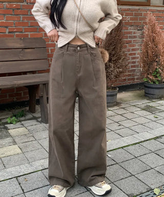 [3 colors] Cotton pleated wide-leg pants