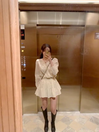 [2pcs] Shirred Blouse and Skirt Set