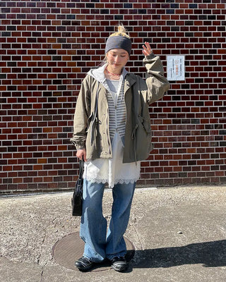 Striped semi-cropped double-zip waffle hoodie