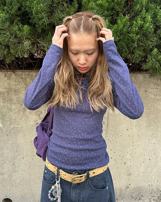 Flower Henley Neck Pointelle Long T-Shirt