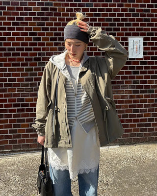 Striped semi-cropped double-zip waffle hoodie