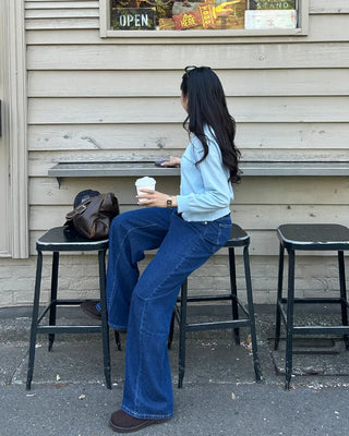 Straight denim pants with drawstring waist