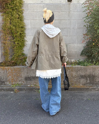 (Unisex) Drawstring Waist Flap Military Jacket