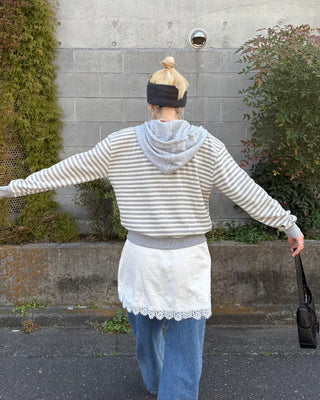 Striped semi-cropped double-zip waffle hoodie