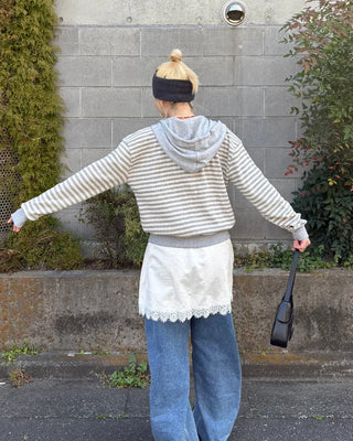 Striped semi-cropped double-zip waffle hoodie