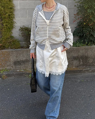 Striped semi-cropped double-zip waffle hoodie