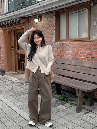 [3 colors] Cotton pleated wide-leg pants