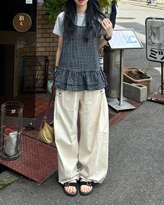 Checked Shirring Sleeveless Dress