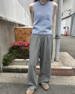Color striped elastic waist pants