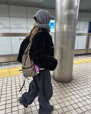 Leopard pattern backpack with zip pockets
