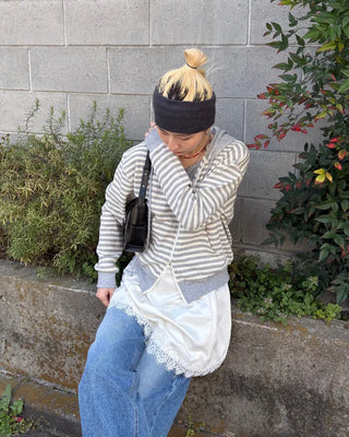 Striped semi-cropped double-zip waffle hoodie