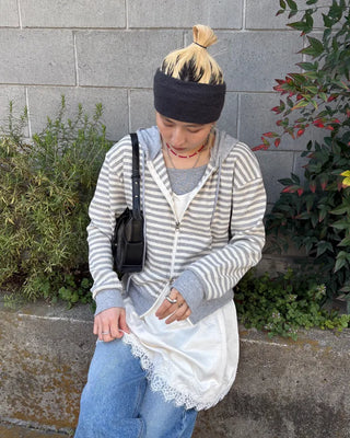Striped semi-cropped double-zip waffle hoodie