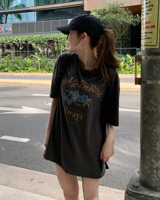 Pigmented floral print loose half-length T-shirt